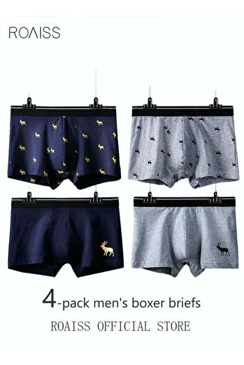 ROAISS 4 Pack Set Men's 95% Cotton Boxers Shorts Briefs Breathable Soft Underpants Summer High Elastic Clas