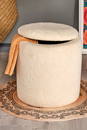 BUGİ HOME COLLECTİON BEJ PELUŞ SANDIKLI LARGE ÇOK AMAÇLI PUF KOLTUK MAKYAJ PUFU BENCH PUF TABURE