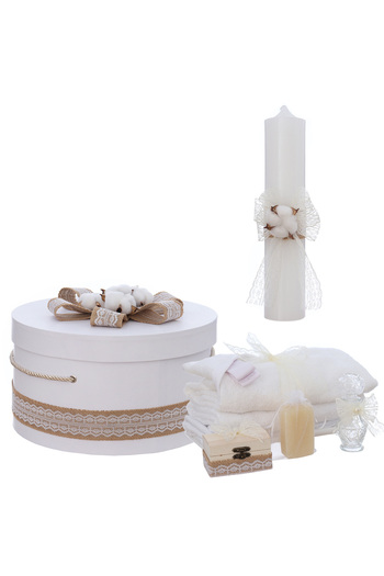 Recostore Trusou si lumanare botez, floare de bumbac, 10 piese, alb, REC3116