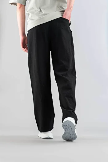 bombe Men's Black Comfortable Fit Bagy Pants Linen Belted Drawstring Soft Fabric Blend Pants