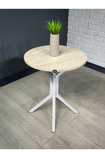 hey modüler mobilya İkra Traverten Yuvarlak Mutfak Yemek Masası Balkon Masası Beyaz Ayak 60 cm