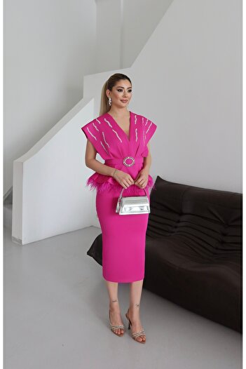 1Moda1Tarz Kadın İthal Kumaş Kemer Detay Özel Tasarım Astarlı Midi Elbise