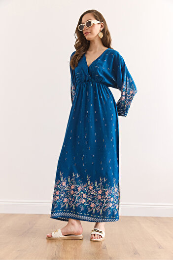 Olalook Rochie de damă cu flori de apă Indigo, cu decolteu dublu, talie elastică, cu fante maxi, din viscoză ELB-19002383