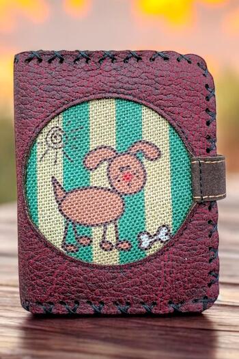Fildişi Aksesuar Handmade Women's Wallet Vegan Leather Burgundy Color with Cute Dog Image