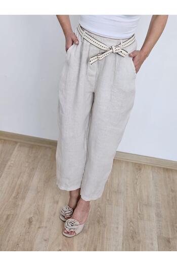 Felix Butik Feli̇x13625 Belted Imported Linen Stone Color Ankle Length Trousers