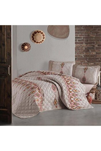Clasy Ranforce 100% Cotton Quilted Single Bedspread Set Ethnica V1 Beige
