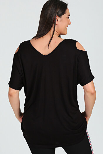 Curvy Trend Large Size Overthink Printed Shoulder V Window Short Sleeve Blouse
