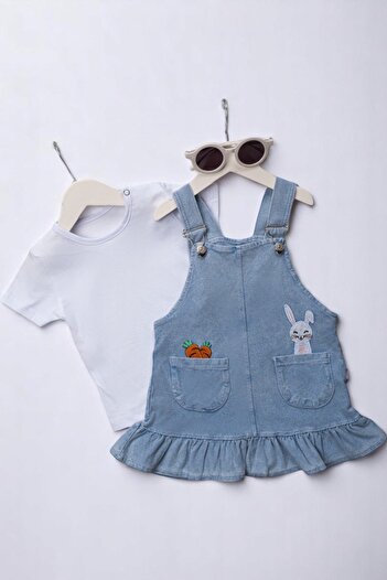 minuma Carrot Rabbit Detailed Pocketed Denim Salopet Double Gilet Set 9/24 Months
