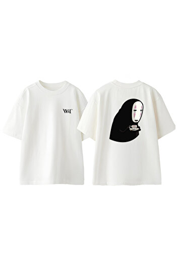 THEWERT Μπλουζάκι Spirited Away Coffee Ghost Design Πίσω Βαμβακερό λευκό μπλουζάκι Oversize