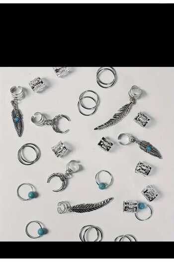 EMKSHOP 31 Pieces Turquoise Silver Color and Leaf Theme Hair Braid Beads Rings