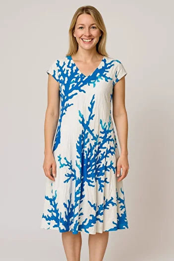 enmodaiçgiyim White Blue Viscose Fabric Picasso Patterned Women's Dress