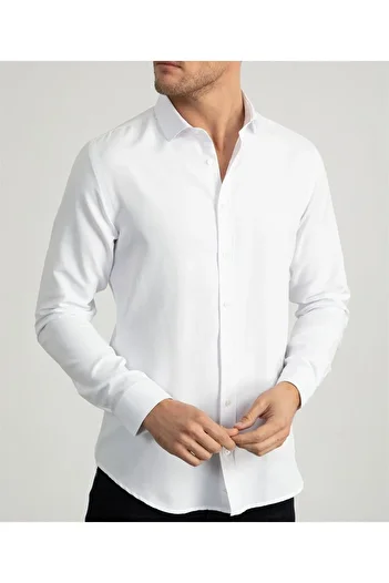 ATİLLA ÖZER Ανδρικό λευκό Easy-Iron Slim Fit Slim Fit Βαμβακερό πουκάμισο Dobby με κλασικό γιακά