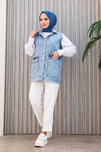 SHİROSA vestă oversize din denim cu buzunare cu detalii din piatră
