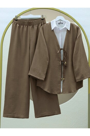 Modamorfo Kimono Suit with Double Tie Front Trousers - Light Brown