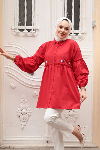 N.S NEVA STYLE Embroidery Patterned Red Hijab Tunic 40603K