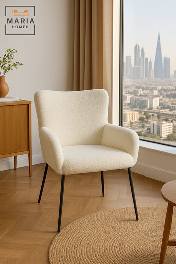 MARIA HOMES White Bouclé High Back Armchair – Modern Upholstered Chair with Black Legs for Living Room or Office
