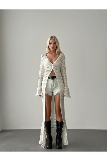 Lusin Women's Ecru Buttoned Openwork Spanish Sleeve Long Knitwear Cardigan