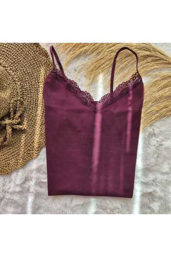HS İÇ GİYİM Pack of 2 Plum Rope Strap V-Neck Lace Cotton Women's Singlet
