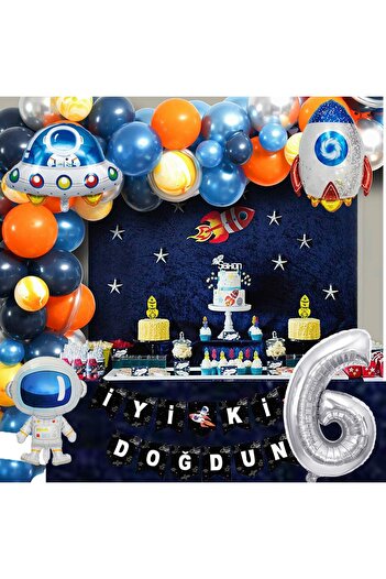 Patladı Gitti Uzay Temalı Doğum Günü Seti 6 Yaş; 4 Adet Folyo, 56 Lateks Balon, Banner, Balon Zinciri, Balon Bandı