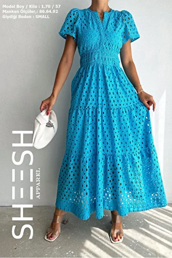SHEESH APPAREL Albastru turcoaz - Rochie lungă perforată cu detaliu feston
