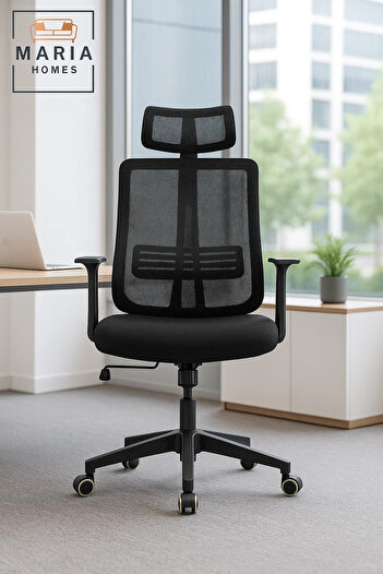MARIA HOMES Black High-Back Mesh Office Chair with Headrest and Lumbar Support for Ergonomic Comfort