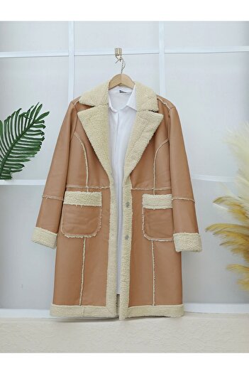 HİJABAYA Leather Coat with Plush Inside and Snap Pocket