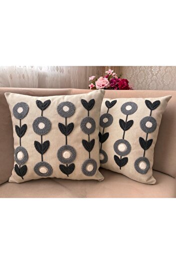 Mustgross Bohemian Punch Embroidered Linen Throw Pillow Cover Set of 2 - 43X43 cm