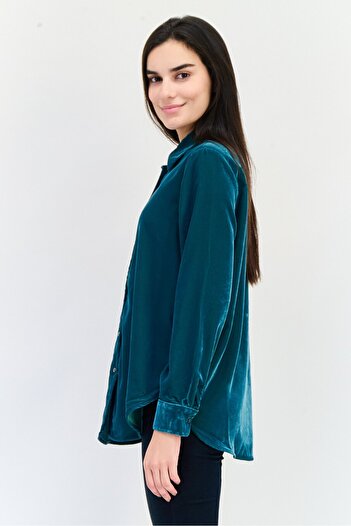GAP Women Spread Collar Long Sleeve Velvet Shirt, Dark Green