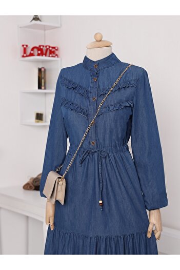 HİJABAYA Half Buttoned Ruffle Front Piece Denim Dress