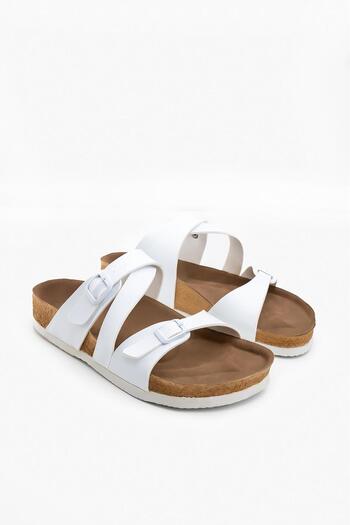 Blyss Γυναικείες παντόφλες από δέρμα Nubuck με διπλή σταυρωτή λεπτομέρεια με πόρπη από φελλό σόλα Νέα σεζόν