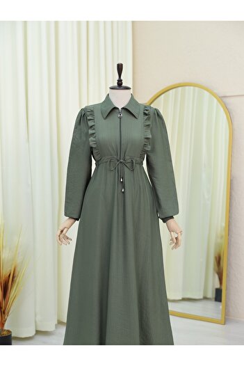 HİJABAYA Ruffled Front Half Button Tunnel Lace Dress