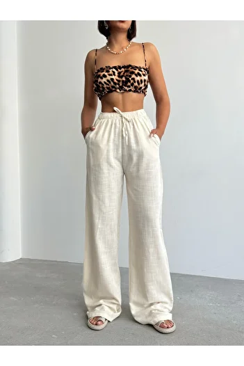 BEJNA Women's Cream Linen Loose Cut Palazzo Trousers