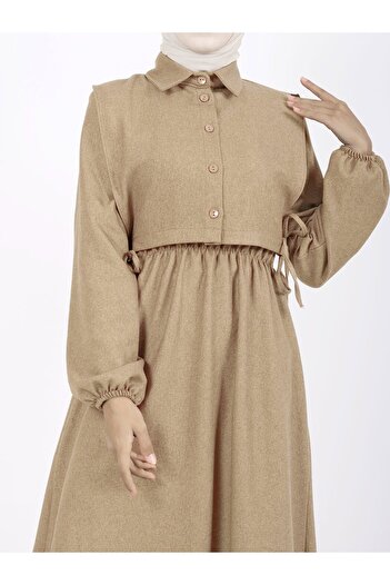 HİJABAYA Dress with Shirt Detail on Top and Elasticized Sleeves and Waist
