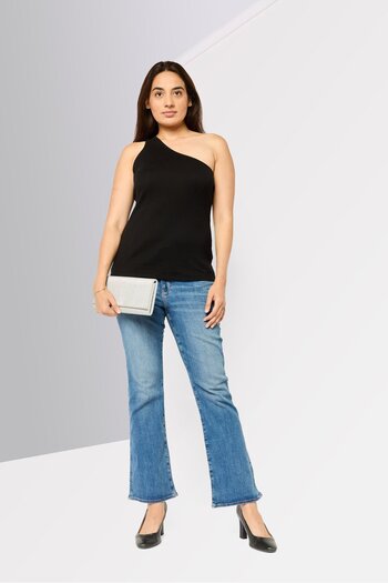 Karl Lagerfeld Women Asymmetrical Neck One Shoulder Plain Top, Black