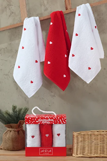 My Catherine Heart Embroidered 3-Piece Kitchen and Hand & Face Towel Set 30X50 cm