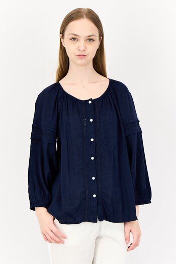 GAP Women Round Neck Long Sleeves Embroidered Top, Navy