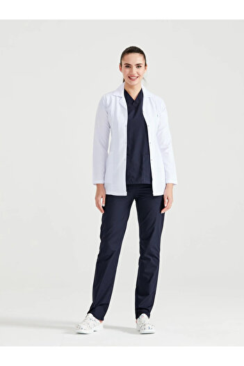 DEMOTEKS Women's Short White Lab Coat Uniform - Three Pockets, Long Sleeve, Lapel Collar