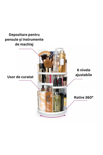 RİO BEAUTY Organizator cosmetic RIO CSST, rotație 360°, 6 rafturi reglabile, 30 x 22,9 x 22,9 cm, alb