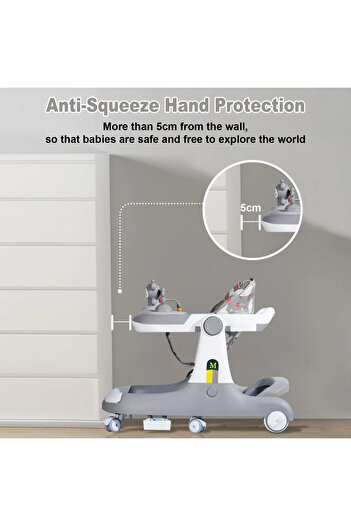 Yelajoy 3-in-1 foldable baby walker, removable seat, with storage tray and music box, easy to clean, gray