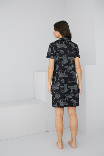 Siyah İnci Black Leopard Print Button-Down Shirt Collar Nightgown Dress