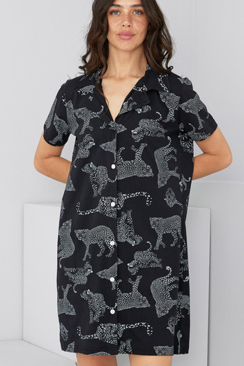 Siyah İnci Black Leopard Print Button-Down Shirt Collar Nightgown Dress