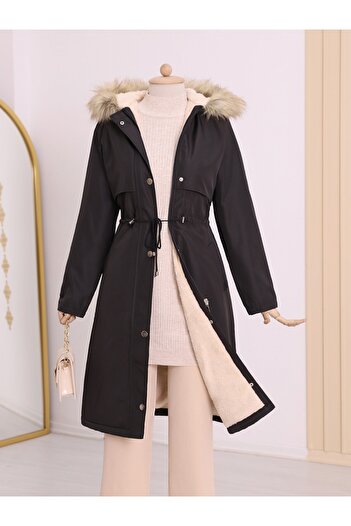 HİJABAYA Plush Inside Stable Hooded Tunnel Laced Long Coat