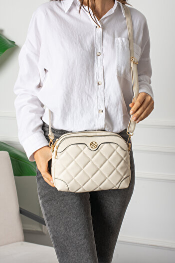 Sanmorris 1267 Cross Strap Multi-Compartment Shoulder and Cross Quilted Women's Bag Cream