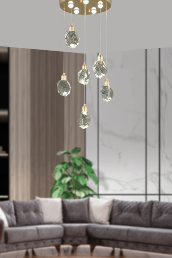 burenze A Luxury Modern Kristalize Cam Sarkıt Altılı Power Led Avize Gold Sarı Gün Işığı Ledli Avize