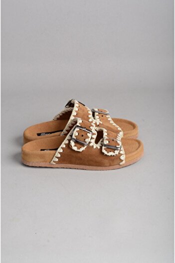 SEÇ KUNDURA Seç 7900 Genuine Leather Double Striped Women's Slippers Tan Suede