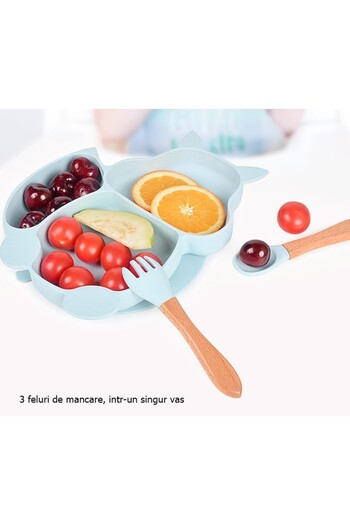 Flippy Set Diversificare 10 piese, Bavoar, Farfurie și bol ventuză, Tacâmuri lemn-silicon, Bleu