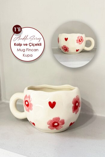 Anadolu Saray El Yapımı Seramik Kalp ve Çiçekli Mug Kupa Fincan  | Mug Fincan Kupa Kahve Kupası
