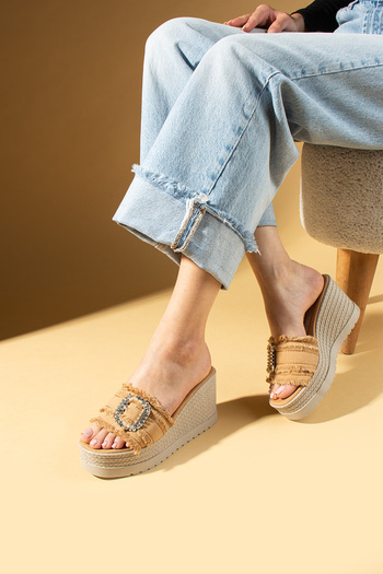 Pembe Potin Women's Tan Linen Thick Wedge Heel Poly Comfortable Sole Slippers Sandals