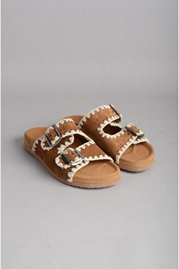 SEÇ KUNDURA Seç 7900 Genuine Leather Double Striped Women's Slippers Tan Suede