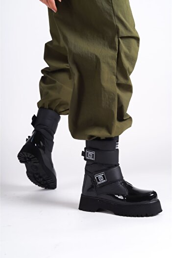 Zerenyus Elısa Velcro Parachute Fabric Patent Leather Women's Boots - Black